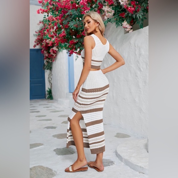 Striped Openwork Cropped Tank and Split Skirt Set - Picture 2 of 16